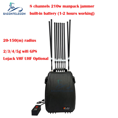 5G Wifi Lojack 150m Manpack segnale del telefono cellulare Jammer 8 canali 230w Alta potenza