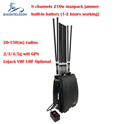 5G Wifi Lojack 150m Manpack segnale del telefono cellulare Jammer 8 canali 230w Alta potenza