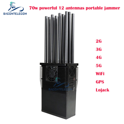 Disturbatore di segnale per telefoni cellulari portatile a 12 bande con 70 Watt di potenza e raggio fino a 60 metri